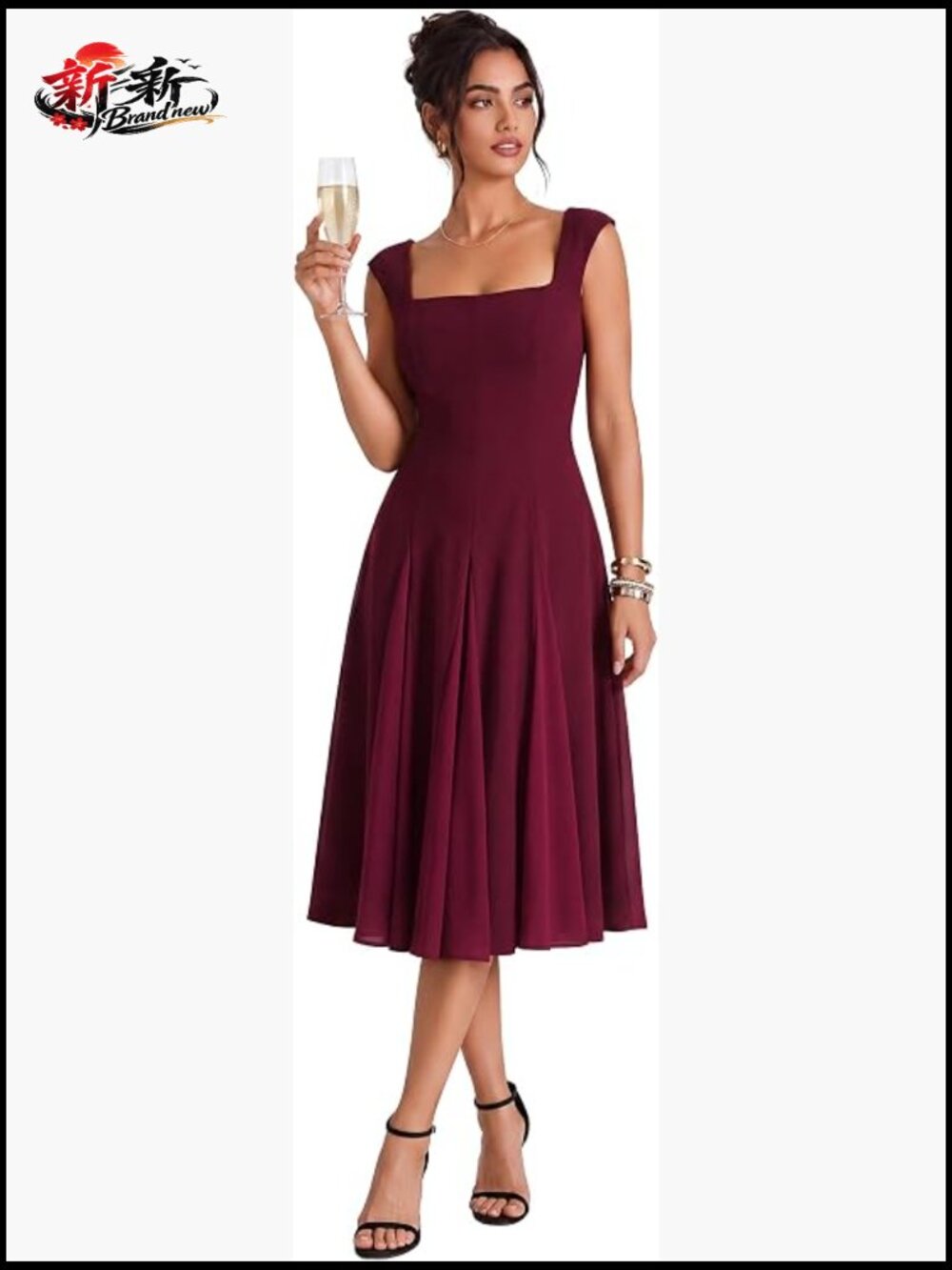 Stretchy Midi Cocktail Dress Square Neck Cap Sleeve Wedding Guest